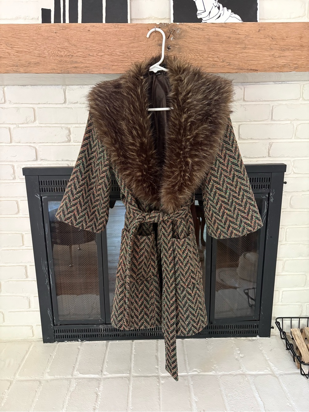 Forever 21 Brown Chevron Coat with Faux Fur Collar